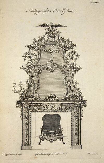 Entwurf für ein Kaminstück, veröffentlicht 1761 von Thomas after Chippendale